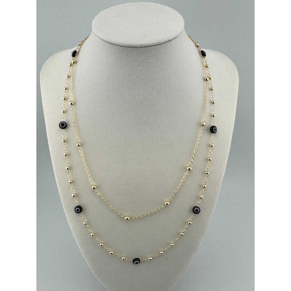 Gold‎ Tone Double Layer Evil Eye Bead Necklace Black Accents Adjustable Clasp